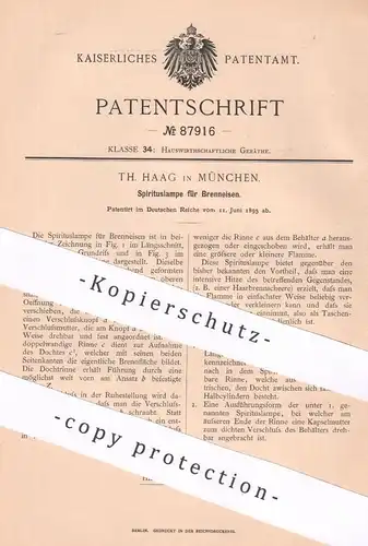original Patent - Th. Haag , München , 1895 , Spirituslampe für Brenneisen | Spiritus - Lampen | Laterne , Licht , Öl