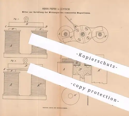 original Patent - Henri Pieper , Lüttich | 1886 |  Wirkung des remanenten Magnetismus | Elektromagnet , Magnet | Strom !