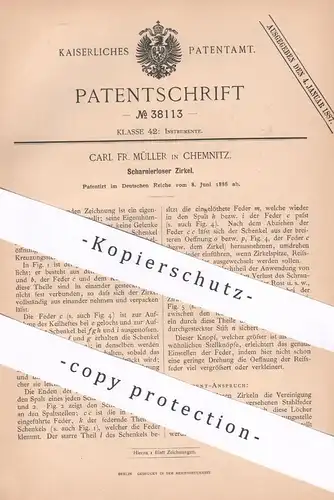 original Patent - Carl Fr. Müller , Chemnitz , 1886 , Scharnierloser Zirkel | Geometrie | Zeichnen , Zeichner | Schule