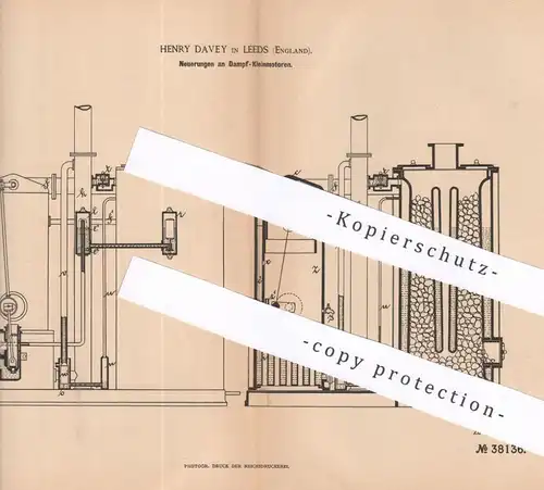 original Patent - Henry Davey , Leeds , England , 1886 , Dampf - Kleinmotor | Dampfmaschine , Motor , Motoren | Kessel