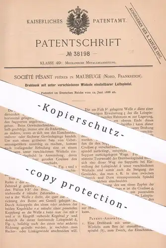 original Patent - Société Pésant Frères , Maubeuge , Nord , Frankreich , 1886 , Drehbank mit stellbarer Leitspindel