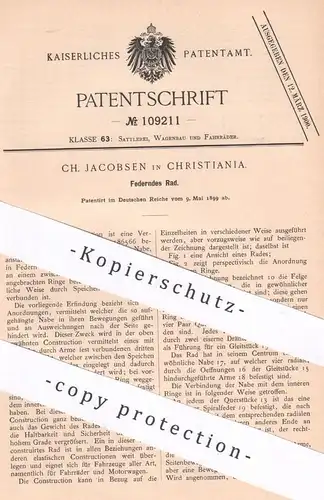 original Patent - Ch. Jacobsen , Christiania , 1899 , Federndes Rad | Räder , Radnabe , Radfelge , Felge , Wagenrad !!