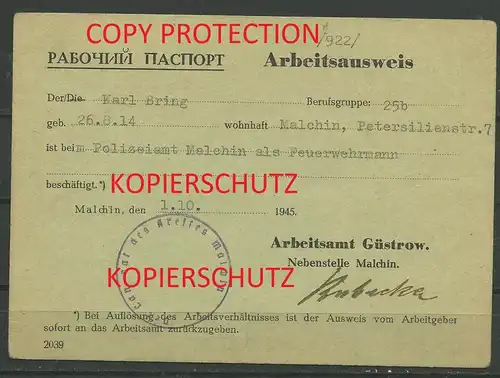 Ausweis vom 1.10.1945 , Güstrow , Feuerwehr Malchin , Mecklenburg , K. Bring , Russland , Besatzung , Arbeitsamt Polizei