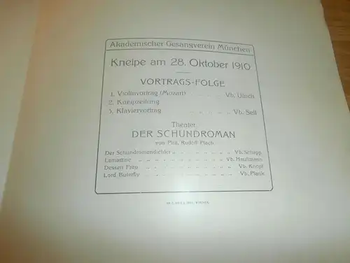 Studentika , München 28.10.1910 , akademischer Gesangverein , Kneipe , Theater , Programm , 22 x 22 cm , AGV !!