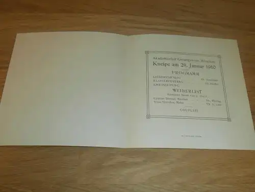 Studentika , München 28.01.1910 , akademischer Gesangverein , Kneipe , Weiberlist , Programm , 15 x 15 cm , AGV !!