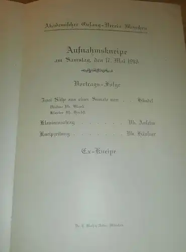 Studentika , München 17.05.1913 , akademischer Gesangverein , Kneipe , Sonate , Programm , 26,5 x 17,5 cm , AGV !!!