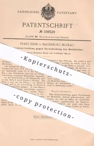 original Patent - Franz Heim , Magdeburg / Buckau , 1899 , Schutz an Bettgestell | Bett , Deckbett , Betten , Matratze
