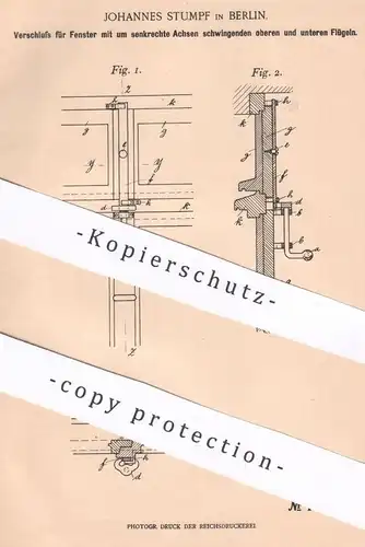 original Patent - Johannes Stumpf , Berlin , 1898 , Verschluss für Fenster | Fensterbauer , Schlosser !!