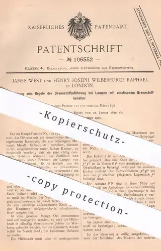 original Patent - James West , Henry Joseph Wilberforce Raphael , London England , 1899 , Brennstoffzuführung bei Lampen