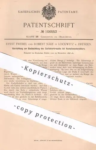 original Patent - Ernst Friebel , Robert Näke , Lockwitz / Dresden , 1898 , Karbidverbrauch bei Acetylenentwickler !!