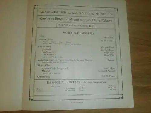 Studentika , München 25.11.1908 , akademischer Gesangverein , Kneipe , Der Oktave , Programm , 23 x 21,5 cm , AGV !!!