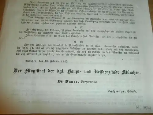 Schrannenordnung - München , 1845 , königliche Haupt- und Residenzstadt , Bürgermeister , Schranne !!!