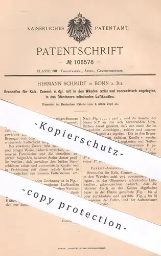 original Patent - Hermann Schmidt , Bonn / Rhein , 1898 , Brennofen für Kalk , Zement | Ofen , Öfen , Ton , Stein !!