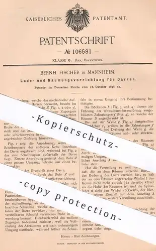 original Patent - Bernh. Fischer , Mannheim , 1898 , Beladung u. Räumung bei Darren | Darre | Bier , Wein !!