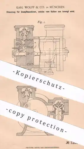 original Patent - Karl Wolff & Co. , München , 1900 , Steuerung für Dampfmaschinen | Motor , Motoren | Kolben , Gasmotor