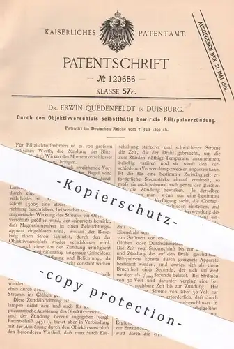 original Patent - Dr. Edwin Quedenfeldt , Duisburg | 1899 | Blitzpulverzündung durch Objektivverschluss | Blitzlicht !