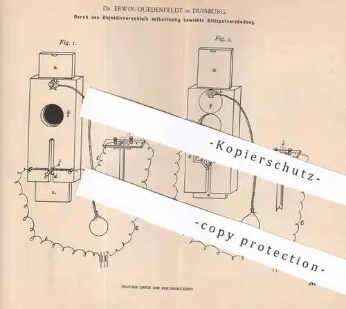 original Patent - Dr. Edwin Quedenfeldt , Duisburg | 1899 | Blitzpulverzündung durch Objektivverschluss | Blitzlicht !