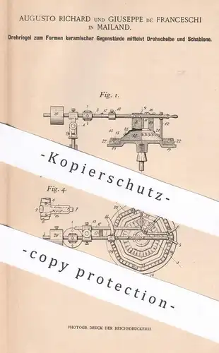 original Patent - Augusto Richard , Guiseppe de Franceschi , Mailand Italien , 1900 , Drehriegel zum Formen von Keramik