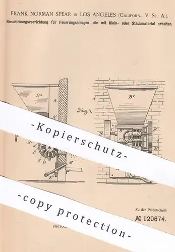 original Patent - Frank Norman Spear , Los Angeles , California , USA | 1900 | Beschickung für Feuerung | Ofen