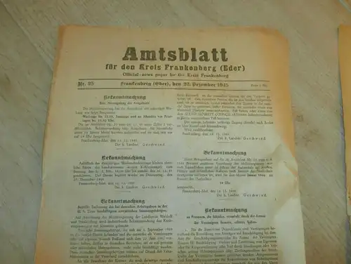 2x Zeitung Frankenberg / Eder , 22.12.1945 + 29.12.1945 , Amtsblatt , Kriegsende , Polizei , Hessen , Kassel , RAR !!!