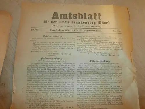 2x Zeitung Frankenberg / Eder , 22.12.1945 + 29.12.1945 , Amtsblatt , Kriegsende , Polizei , Hessen , Kassel , RAR !!!