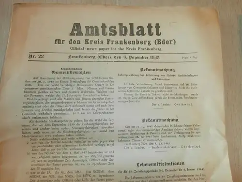 2x Zeitung Frankenberg / Eder , 8.12.1945 + 15.12.1945 , Amtsblatt , Kriegsende , Polizei , Hessen , Kassel , RAR !!!