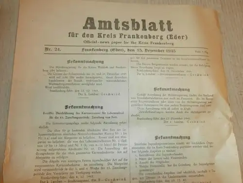 2x Zeitung Frankenberg / Eder , 8.12.1945 + 15.12.1945 , Amtsblatt , Kriegsende , Polizei , Hessen , Kassel , RAR !!!