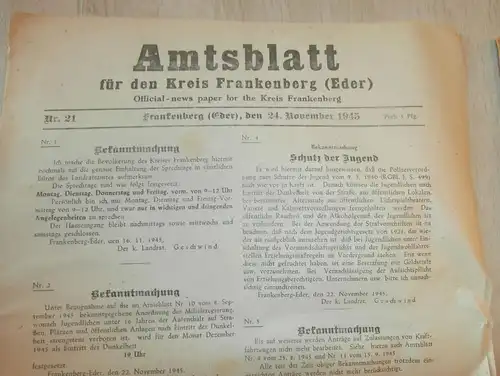 2x Zeitung Frankenberg / Eder , 24.11.1945 + 1.12.1945 , Amtsblatt , Kriegsende , Polizei , Hessen , Kassel , RAR !!!