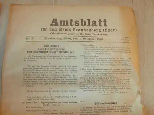 2x Zeitung Frankenberg / Eder , 24.11.1945 + 1.12.1945 , Amtsblatt , Kriegsende , Polizei , Hessen , Kassel , RAR !!!