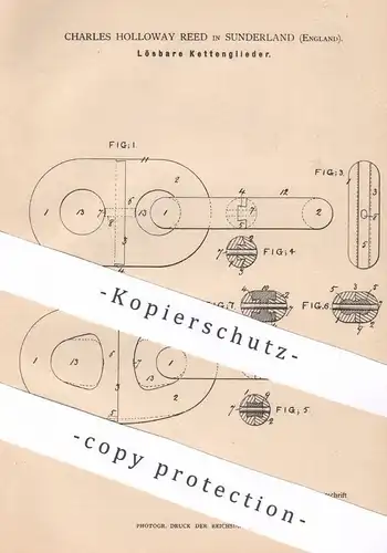 original Patent -  Charles Holloway Reed , Sunderland , England | 1883 | Lösbare Kettenglieder | Ketten aus Guss , Stahl