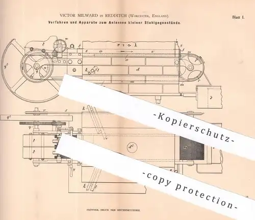 original Patent - Victor Milward , Redditch , Worcester , England 1883 , Anlassen von Nadeln , Angeln , Federn | Metall