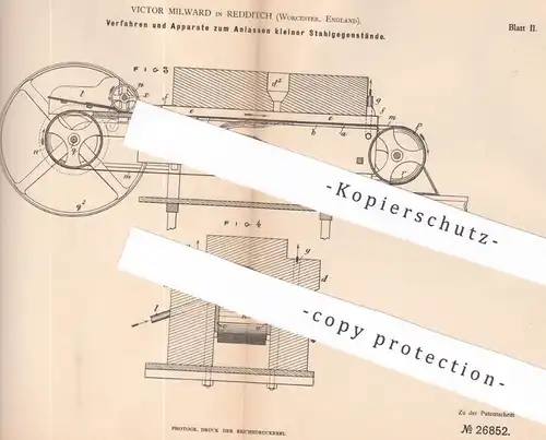 original Patent - Victor Milward , Redditch , Worcester , England 1883 , Anlassen von Nadeln , Angeln , Federn | Metall