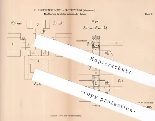 original Patent - H. B. Seissenschmidt , Plettenberg | 1884 | Vorarbeiten geschmiedeter Muttern | Schmied , Metall