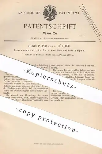 original Patent - Henri Pieper , Fils / Lüttich | 1888 | Lampendocht für Öllampen & Petroleumlampen | Docht , Öl , Licht