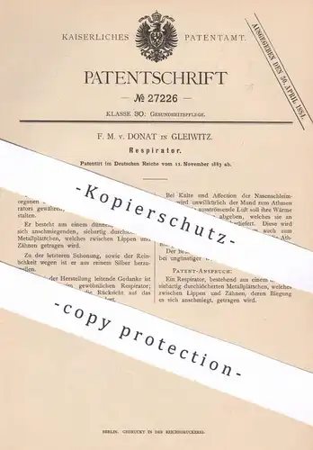 original Patent - F. M. v. Donat , Gleiwitz , 1883 , Respirator | Beatmungsgerät | Beatmung | Krankenhaus , Medizin !!