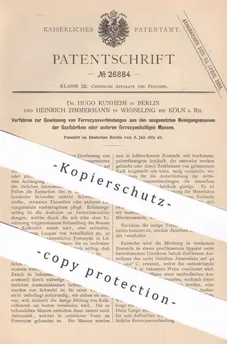 original Patent - Dr. Hugo Kunheim , Berlin | Heinrich Zimmermann , Wesseling / Köln | 1883 | Ferrocyanverbindung | Gas