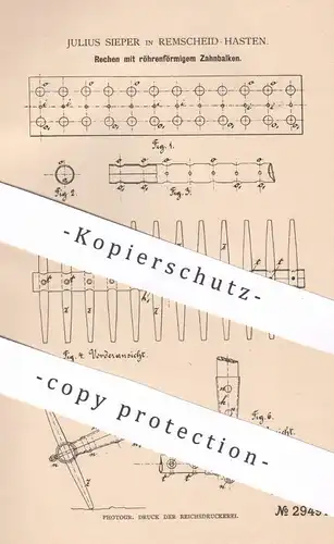 original Patent - Julius Sieper , Remscheid / Hasten , 1884 , Rechen mit Zahnbalken | Harke , Landwirtschaft !