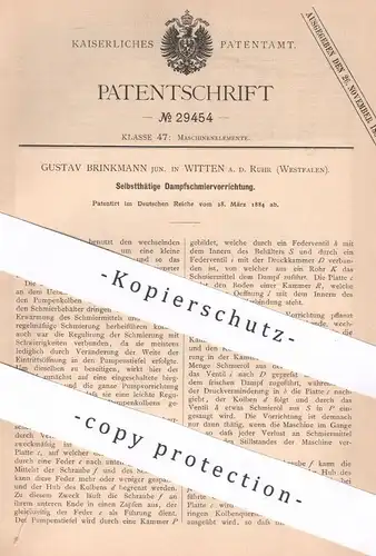 original Patent - Gustav Brinkmann , Witten / Ruhr , 1884 , Selbsttätige Dampfschmiervorrichtung | Dampfmaschine | Pumpe