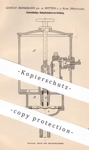 original Patent - Gustav Brinkmann , Witten / Ruhr , 1884 , Selbsttätige Dampfschmiervorrichtung | Dampfmaschine | Pumpe