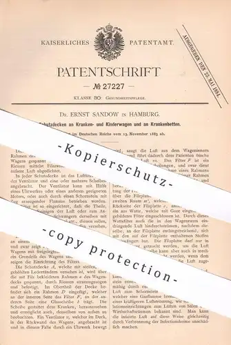 original Patent - Dr. Ernst Sandow , Hamburg , 1883 , Schutzdecke an Krankenwagen , Kinderwagen und Krankenbett !!