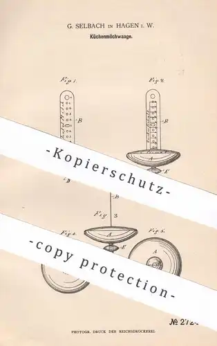 original Patent - G. Selbach , Hagen / Westfalen , 1883 , Küchenmilchwaage | Küchenwaage | Waage , Milchwaage , Milch
