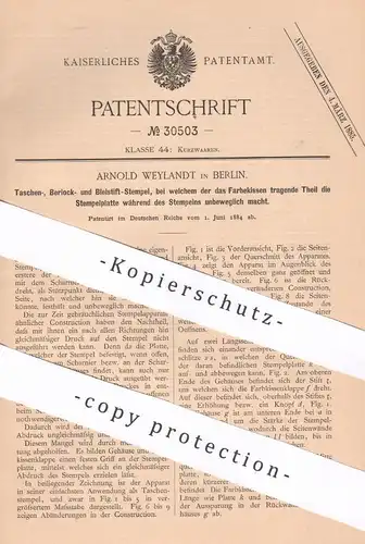 original Patent - Arnold Weylandt , Berlin , 1884 , Taschenstempel , Bleistift - Stempel | Stempelkissen , Stempelfarbe