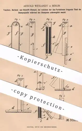 original Patent - Arnold Weylandt , Berlin , 1884 , Taschenstempel , Bleistift - Stempel | Stempelkissen , Stempelfarbe