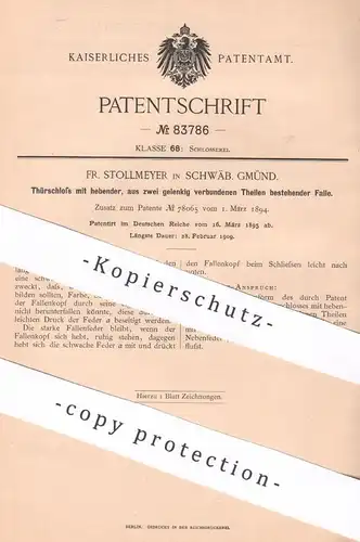 original Patent - Fr. Stollmeyer , Schwäbisch Gmünd | 1895 | Türschloss | Tür - Schloss | Schlosserei , Schlosser !!