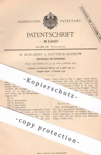 original Patent - M. Schubert , Cottbus / Sandow , 1890 , Abtrittdeckel mit Urintrichter | Kloset , WC , Toilette !!