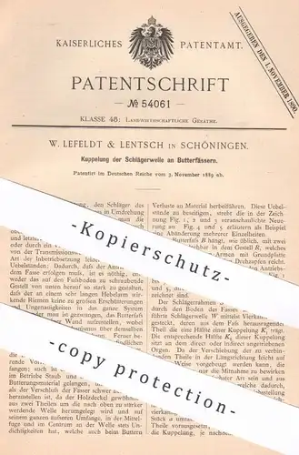 original Patent - W. Lefeldt & Lentsch , Schöningen , Kupplung der Schlägerwelle an Butterfass | Butter , Fass , Fässer