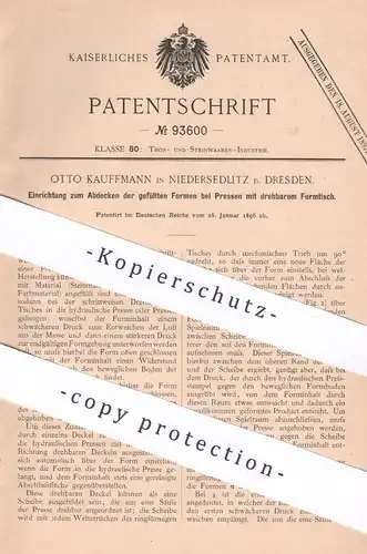 original Patent - Otto Kauffmann | Niedersedlitz / Dresden | Abdecken der gefüllten Formen bei Pressen | Form , Presse