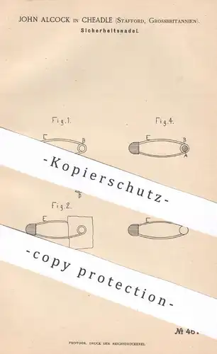 original Patent - John Alcock , Cheadle , Stafford , England , 1888 , Sicherheitsnadel | Nadel , Nadeln | Schneider