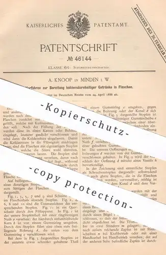 original Patent - A. Knoop , Minden , 1888 , kohlensäurehaltige Getränke in Flaschen | Bier , Limonade !!