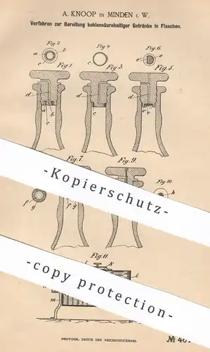 original Patent - A. Knoop , Minden , 1888 , kohlensäurehaltige Getränke in Flaschen | Bier , Limonade !!